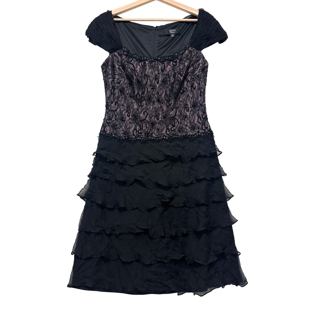 Tadashi Collection silk Black Lace Ruffle Tiered Cap Sleeve Cocktail Dress sz 12